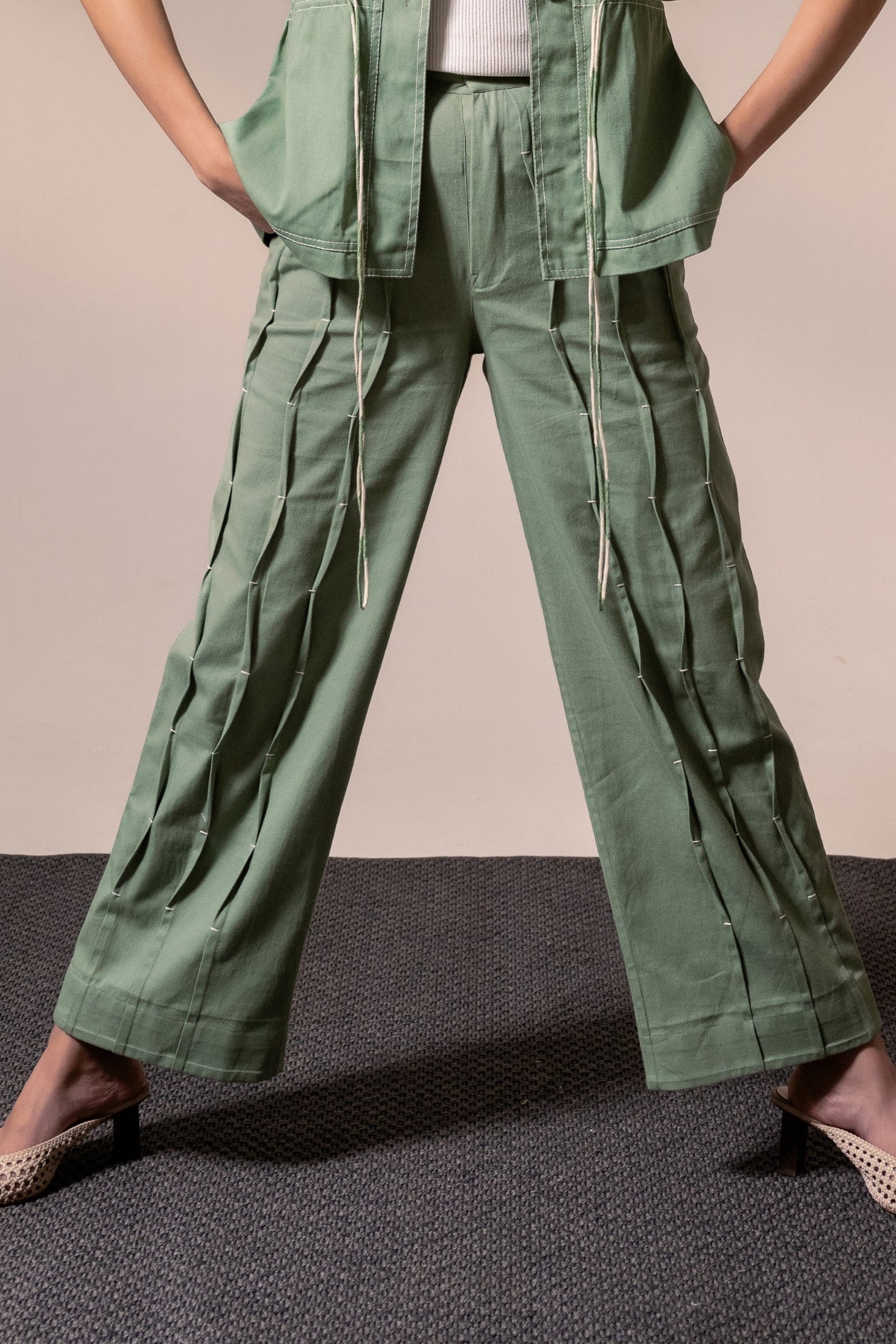 Fern Green Denim Pleated Pants