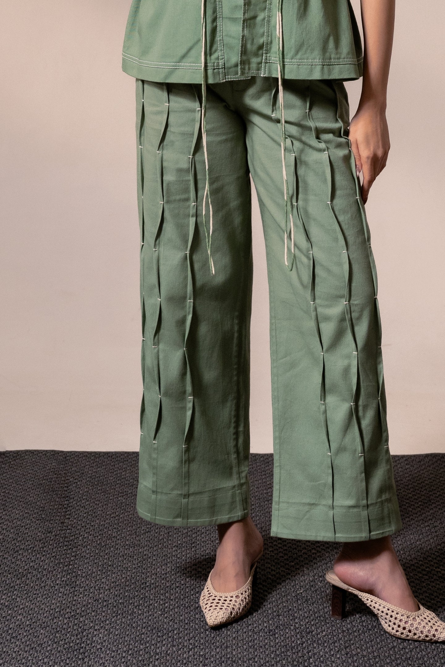 Fern Green Denim Pleated Pants