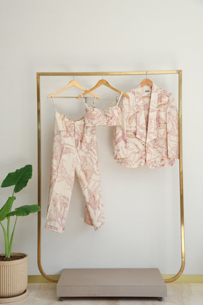 Pink Foliage 3-Piece Blazer Set with Bralette & Pants