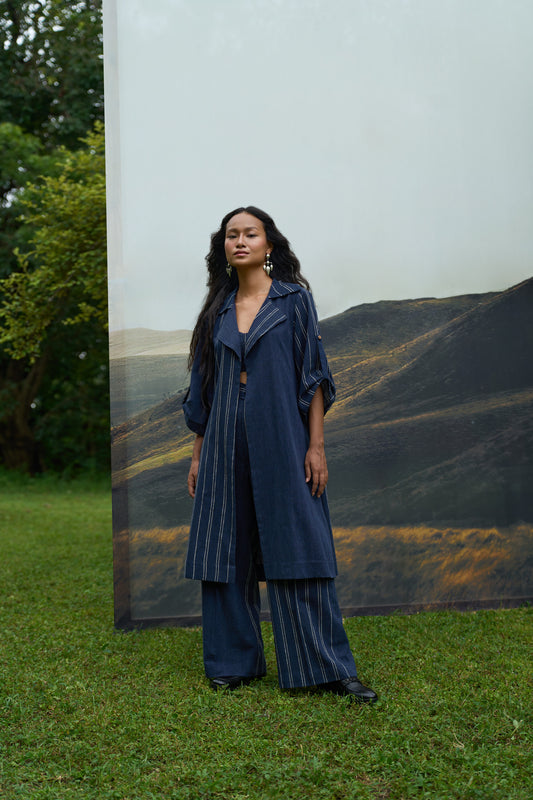 Cobalt Trench Overlay 3-Piece Set with Bralette & Pants