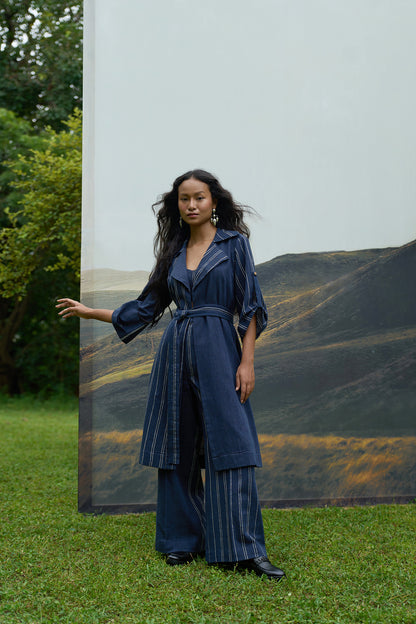 Cobalt Trench Overlay 3-Piece Set with Bralette & Pants