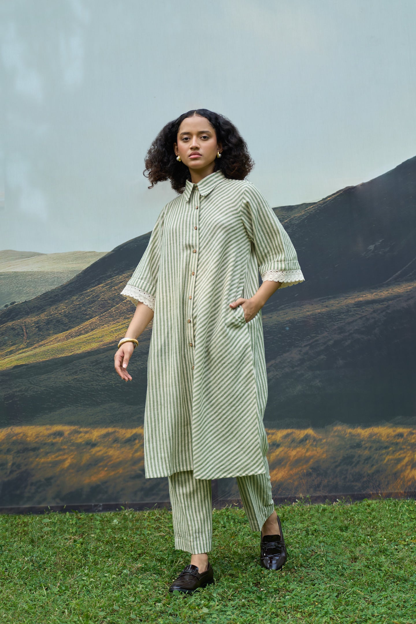 Moss Striped Tent Shirt Dress