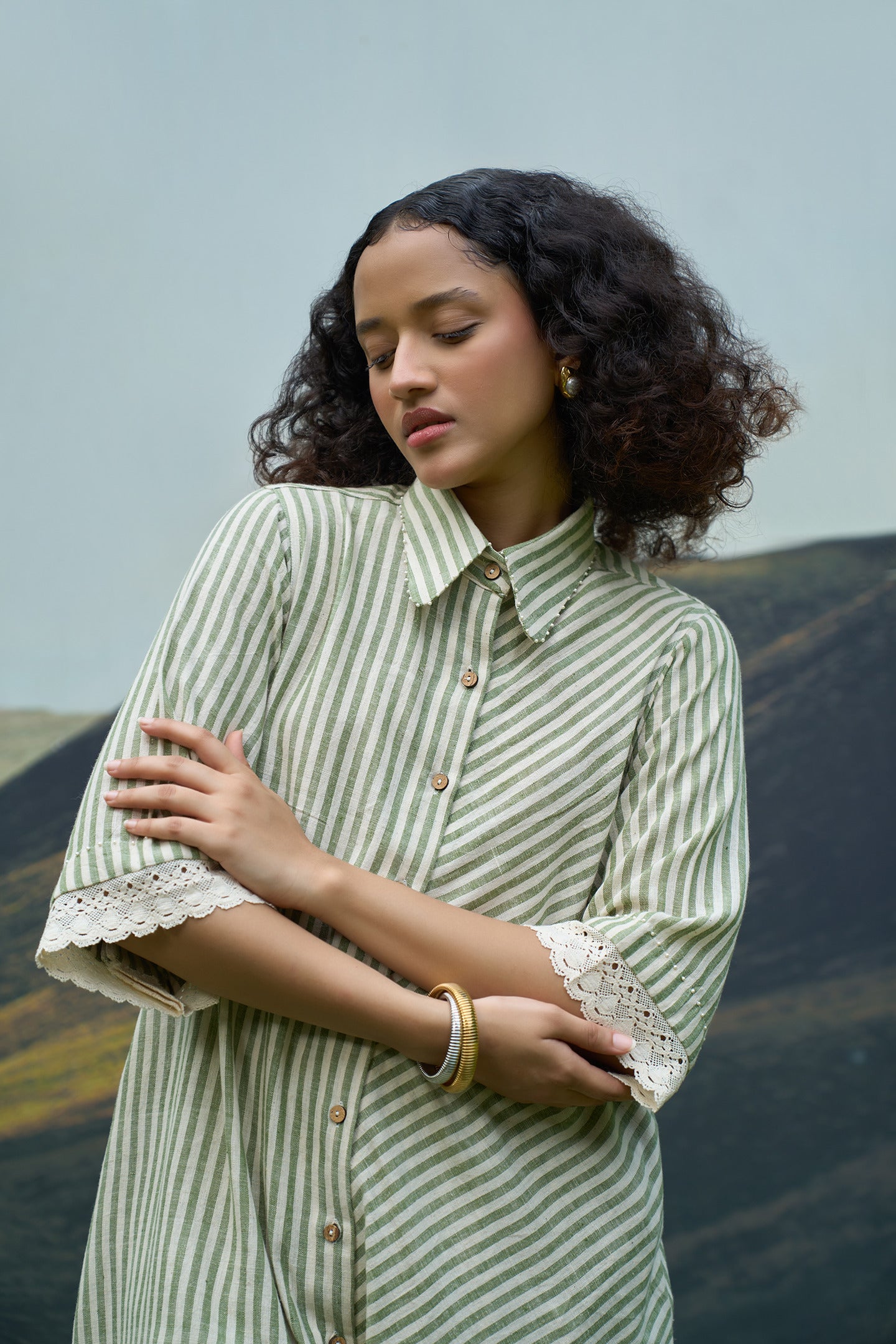 Moss Striped Tent Shirt Dress